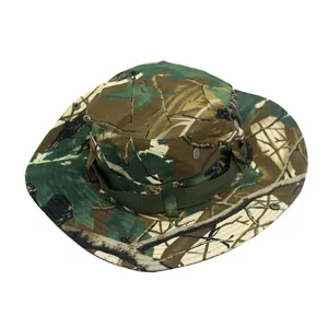 Detail of camouflage boonie hat featuring metal eyelets and durable fabric texture