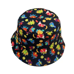 Reversible bucket hat with colorful cartoon dinosaur prints and sun protection