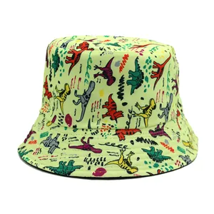 Cartoon Little Dinosaur Print Cotton Bucket Hat Wide Brim Foldable Sun Protection Fisherman Cap Casual Outdoor Travel Hat