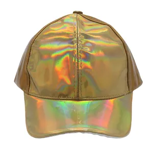 Macro shot of gold holographic PU baseball cap showing reflective laser finish and texture