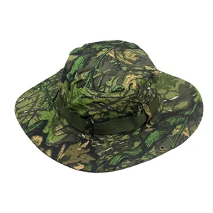 Detail of wide brim jungle camouflage boonie hat with metal ventilation eyelets