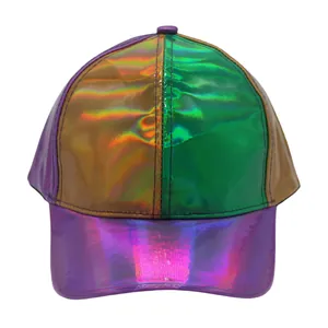 Macro shot of colorful holographic PU baseball cap with metallic laser reflection