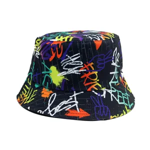 Streetwear Graffiti Buchstaben Druck Fischerhut Baumwolle Schwarz Buntes Muster Fischerkappe Für Herren Damen Sonnenschutz