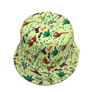 Kids yellow dinosaur bucket hat with colorful cartoon prints for sun protection