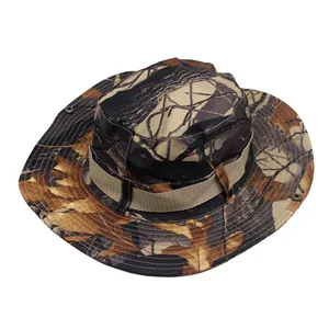Detail of leaf camo boonie hat with metal eyelets and wide brim for outdoor sun protection