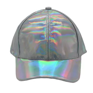 Detailed front view of holographic silver PU baseball cap with rainbow metallic finish
