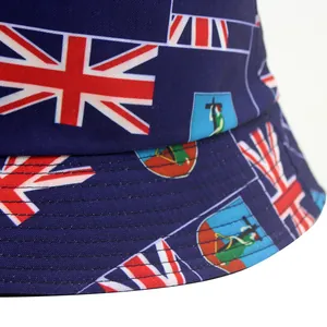 Donkerblauwe vissershoed met Union Jack en Montserrat vlagprint en versterkte stiksels op de rand