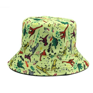 Light green canvas bucket hat with colorful cartoon dinosaur prints for all-day sun protection