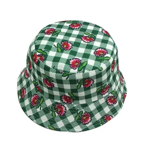 Green checkered sun hat with floral pattern for outdoor leisure and sun protection