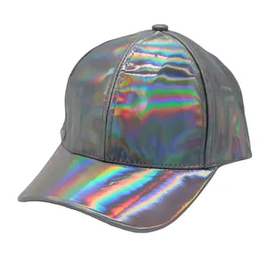 Detail of the holographic laser material with rainbow reflections on a silver baseball cap