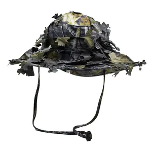 Chapeau de brousse tactique camouflage avec feuilles 3D et mentonnière réglable pour chasse