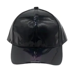 Detail of black glossy PU baseball cap featuring iridescent rainbow reflections on the brim