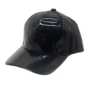 Close-up of black PU leather baseball cap with rainbow laser holographic reflection