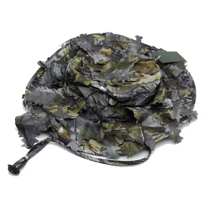 Chapeau boonie camouflage tactique avec feuilles 3D et mentonnière réglable pour la chasse
