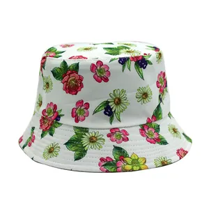 Close-up of white bucket hat featuring colorful floral prints and detailed stitching