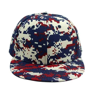 Detailed close-up of red and blue digital camouflage pattern on a snapback cap fabric