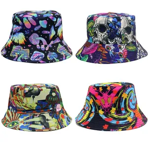 Unisex Skull Mushroom Print Bucket Hat Sun Protection Breathable Cotton Double Sided Fisherman Hat Psychedelic Streetwear Cap