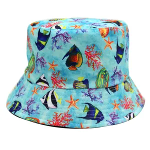 Unisex Double Sided Cotton Bucket Hat Marine Life Print Starfish Tropical Fish Sun Hat For Outdoor Beach Summer Fashion Basin Hat