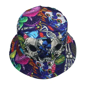 Deep purple skull and mushroom print bucket hat with reversible psychedelic pattern