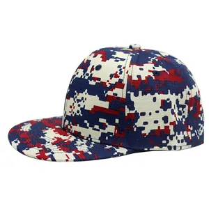 Flat brim baseball cap with red, white and blue digital camouflage pattern in cotton