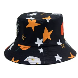 Reversible Halloween bucket hat with pumpkin and spider print for men and women