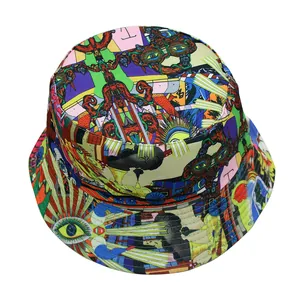 Surrealist skull and mushroom print bucket hat with colorful abstract art design