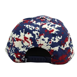 Navy blue and red digital camouflage flat brim baseball cap with adjustable back strap