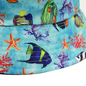 Outdoor bucket hat featuring tropical fish and starfish print with reinforced brim stitching