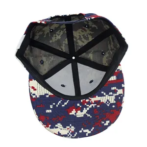Digital camo snapback hat with red, blue and white pattern and adjustable back strap