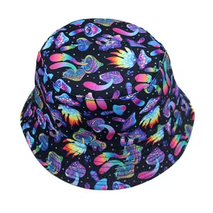 Detailed close-up of a black bucket hat featuring a vibrant psychedelic mushroom print