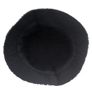 Top view of black cotton bucket hat lining showing neat stitching and internal structure