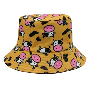 Cartoon Cow Print Bucket Hat Polyester Cute Animal Pattern Sun Protection Fisherman Hat Casual Summer Travel Outdoor Sun Hat