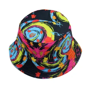 Detail of colorful pop art mushroom skull print on a reversible cotton bucket hat