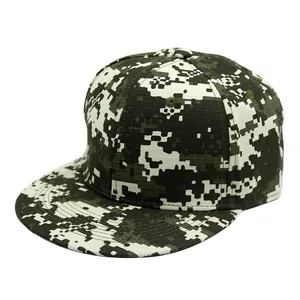 Digital camouflage flat brim baseball cap with a classic six-panel design for outdoor wear