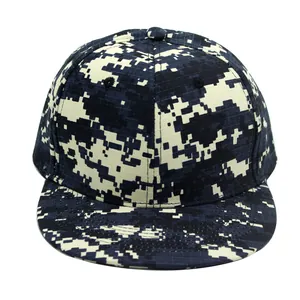 Detailed close-up of blue digital camouflage pattern and twill fabric on flat brim cap