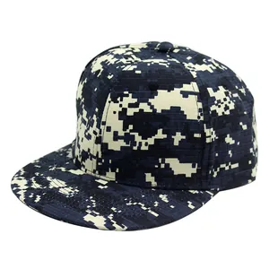 Detail of blue digital camouflage pattern and twill fabric on snapback baseball cap