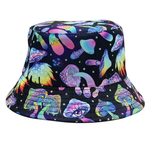Reversible bucket hat with psychedelic mushroom and skull prints in vibrant colors