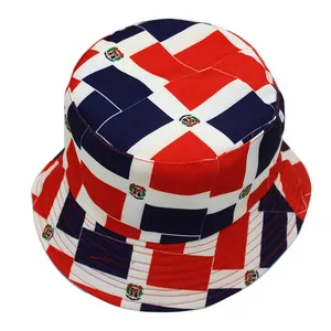 Outdoor sun bucket hat featuring a colorful Dominican Republic flag pattern print