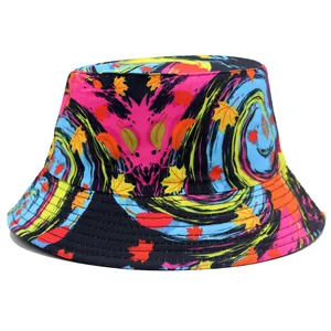 Vibrant skull mushroom print bucket hat with colorful abstract spiral and maple leaf design