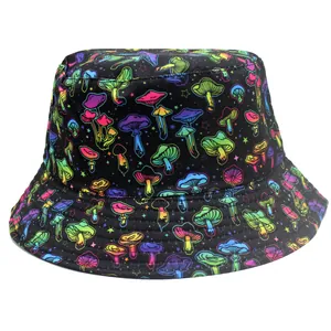 Fashion Mushroom Print Reversible Polyester Bucket Hat Outdoor Sun Protection Wide Brim Fisherman Hat For Men Women Casual Top Hat