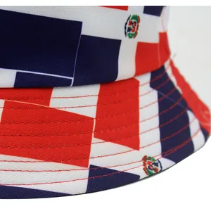 Detailed close-up of Dominican Republic flag print on bucket hat with reinforced stitching
