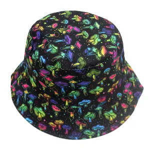 Black bucket hat featuring colorful neon mushroom print and versatile double-sided design