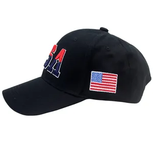 Close-up of black baseball cap with red, white, and blue USA embroidery and flag patch