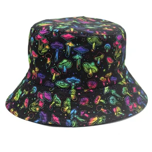 Reversible bucket hat with colorful neon mushroom print on black canvas fabric