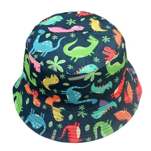 Reversible navy bucket hat with colorful cartoon dinosaur prints for outdoor sun protection