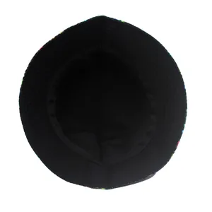 Reversible bucket hat with mushroom print and solid black lining for sun protection