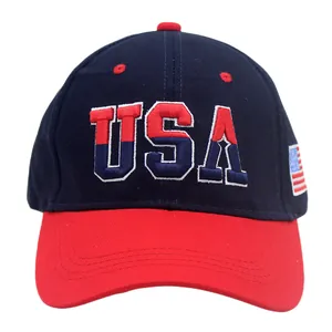 Navy blue and red USA letter embroidery baseball cap with American flag side patch