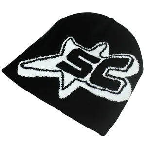 Berretto in maglia nera con motivo jacquard a stella logo SC per l'inverno