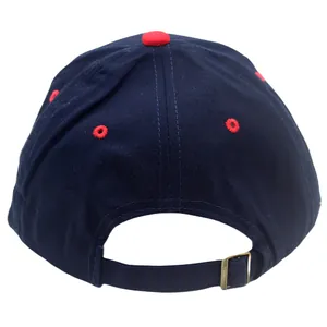 Back view of navy blue twill cotton baseball cap with red button and metal buckle