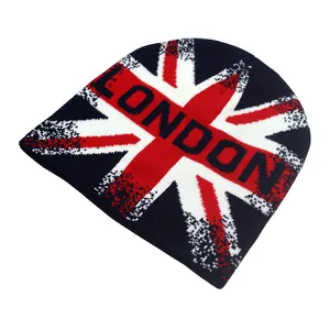 Detail of the knit texture and Union Jack pattern on the London themed navy beanie